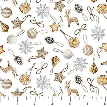 Carmon's Quilt Shop Snowbound cotton fabric featuring festive holiday ornaments like reindeer and pinecones on white.
