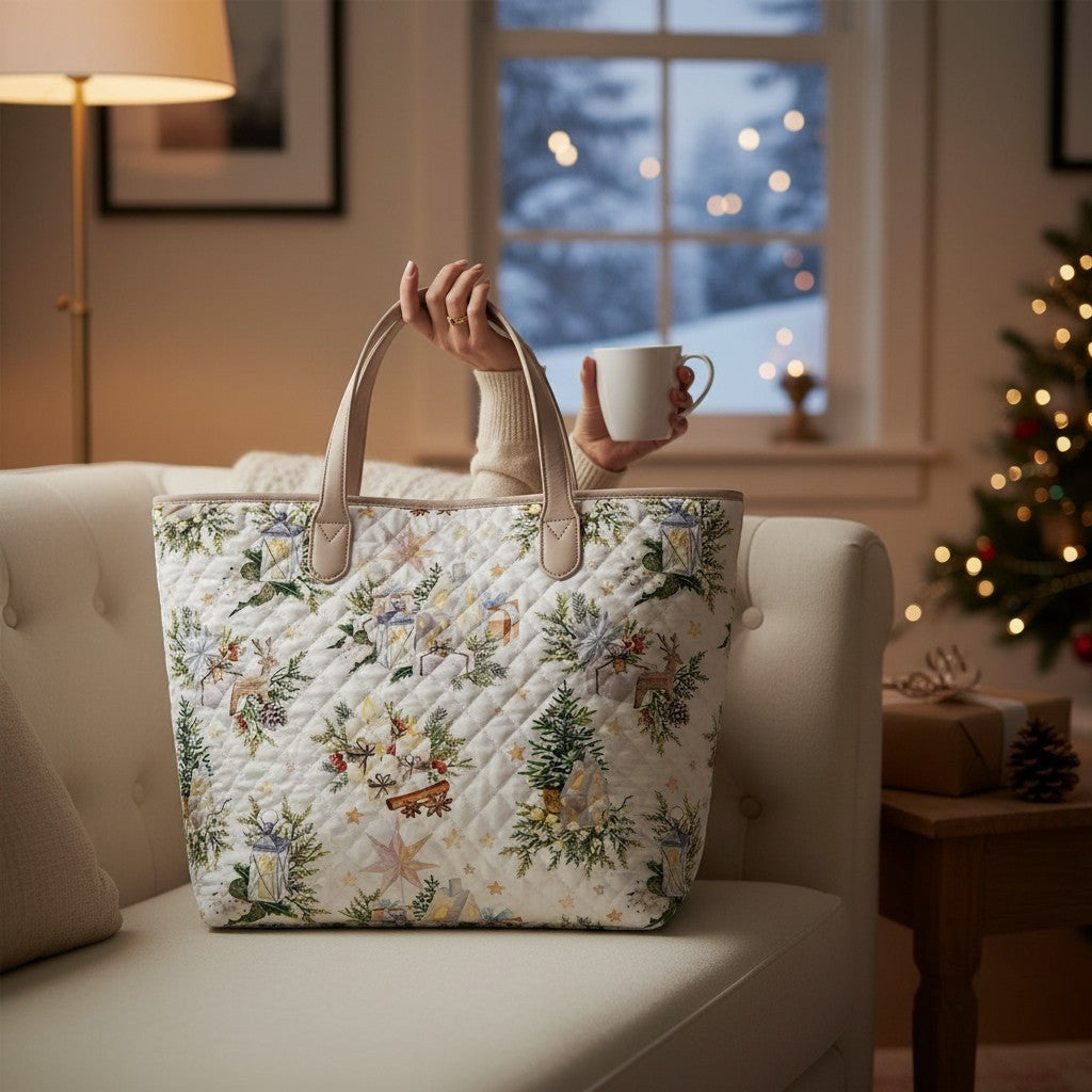 Carmon's Quilt Shop Snowbound white cotton tote bag featuring festive holiday prints of reindeer and evergreen boughs.
