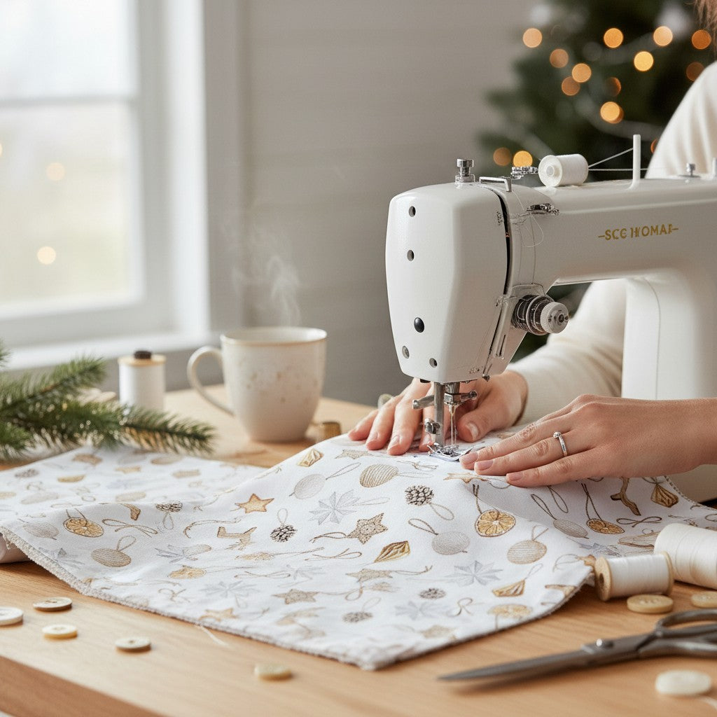 Carmon's Quilt Shop Snowbound White Ornaments cotton fabric being sewn on a machine with festive holiday decor
