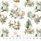 Carmon's Quilt Shop Figo Snowbound white cotton fabric with festive holiday lanterns, reindeer, and evergreen print.