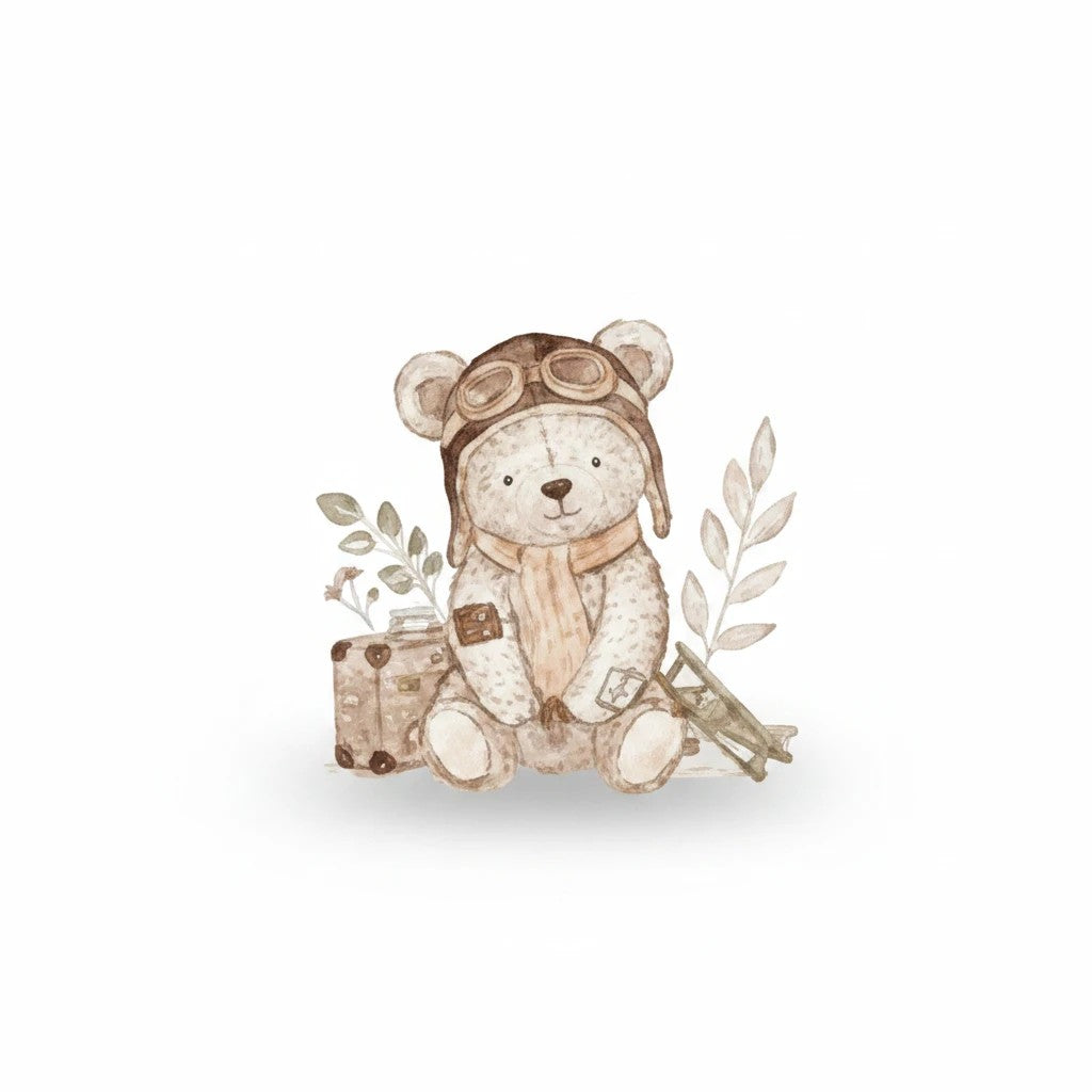 Carmon's Quilt Shop Soaring Dreams cream 100% cotton fabric with a watercolor teddy bear pilot, suitcase, and airplane. Ideal for quilting.