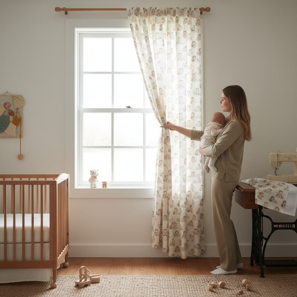 Carmon's Quilt Shop cream 100% cotton fabric with a repeating pattern of teddy bears in aviator gear on clouds.