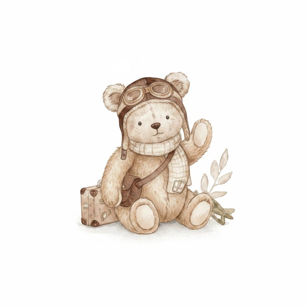 Carmon's Quilt Shop Soaring Dreams cream 100% cotton fabric with a watercolor illustration of a teddy bear aviator.