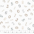 Carmon's Quilt Shop Soaring Dreams fabric with scattered numbers in gray, blue, and tan on a white background. 100% cotton.