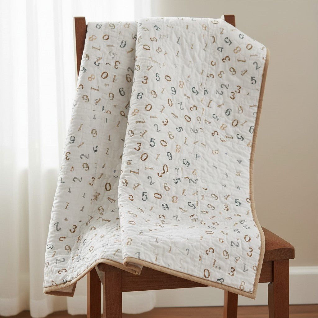 Carmon's Quilt Shop Soaring Dreams white 100% cotton fabric with scattered gray and blue numbers. Jessica Yon Lo designer.