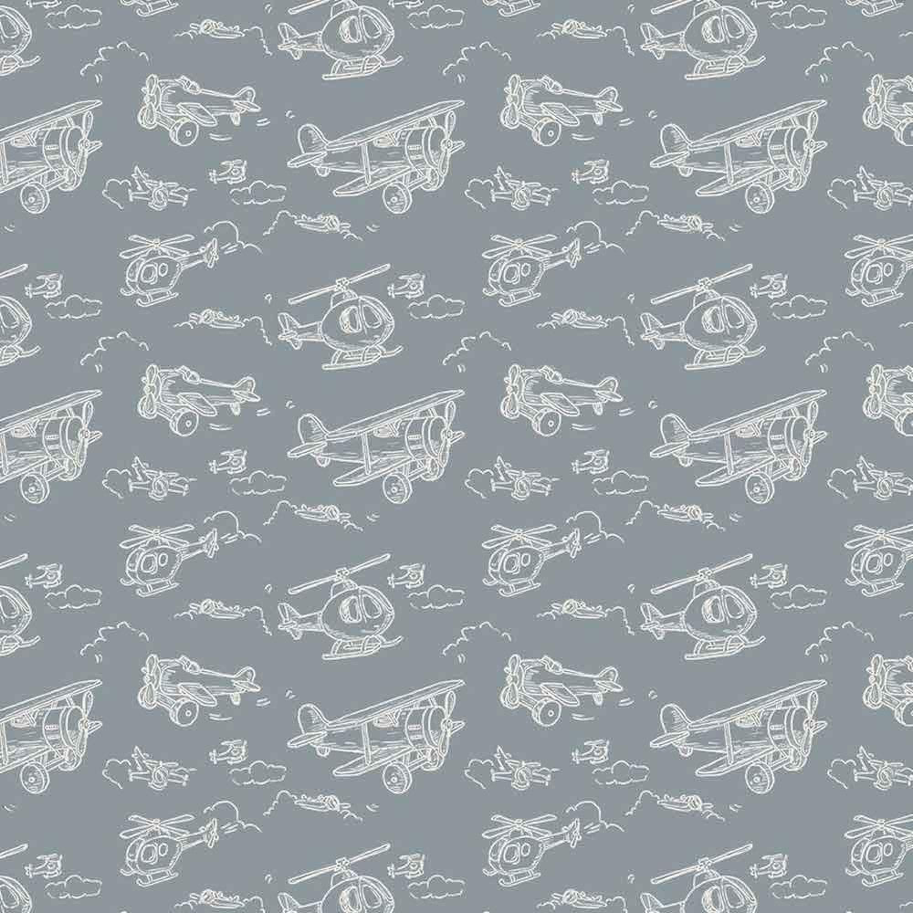 Carmon's Quilt Shop Soaring Dreams Teal Fabric features white line drawings of biplanes, helicopters, and clouds on a gray-blue background. 100% cotton.
