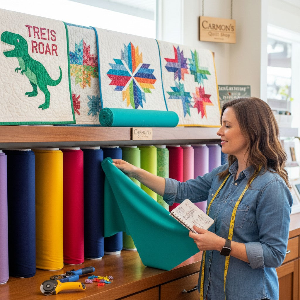 Carmon's Quilt Shop employee holding Peacock Colorworks solid teal 100% cotton fabric.