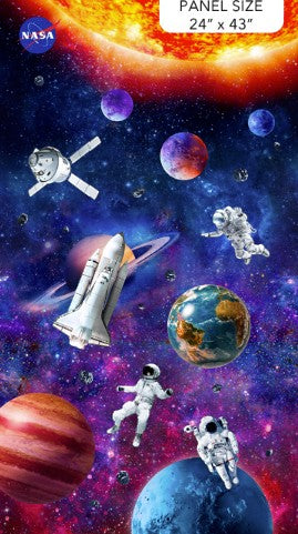 Carmon's Quilt Shop Space Odyssey fabric panel featuring NASA astronauts, space shuttle, planets, and a bright sun.