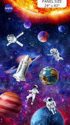 Carmon's Quilt Shop Space Odyssey fabric panel featuring NASA astronauts, space shuttle, planets, and a bright sun.