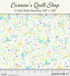 Carmon's Quilt Shop 108-inch wide cotton fabric featuring a colorful paint splatter design on a white background.