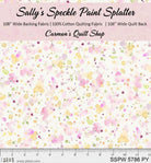 Carmon's Quilt Shop 108-inch wide cotton fabric featuring a colorful paint splatter pattern on a white background.