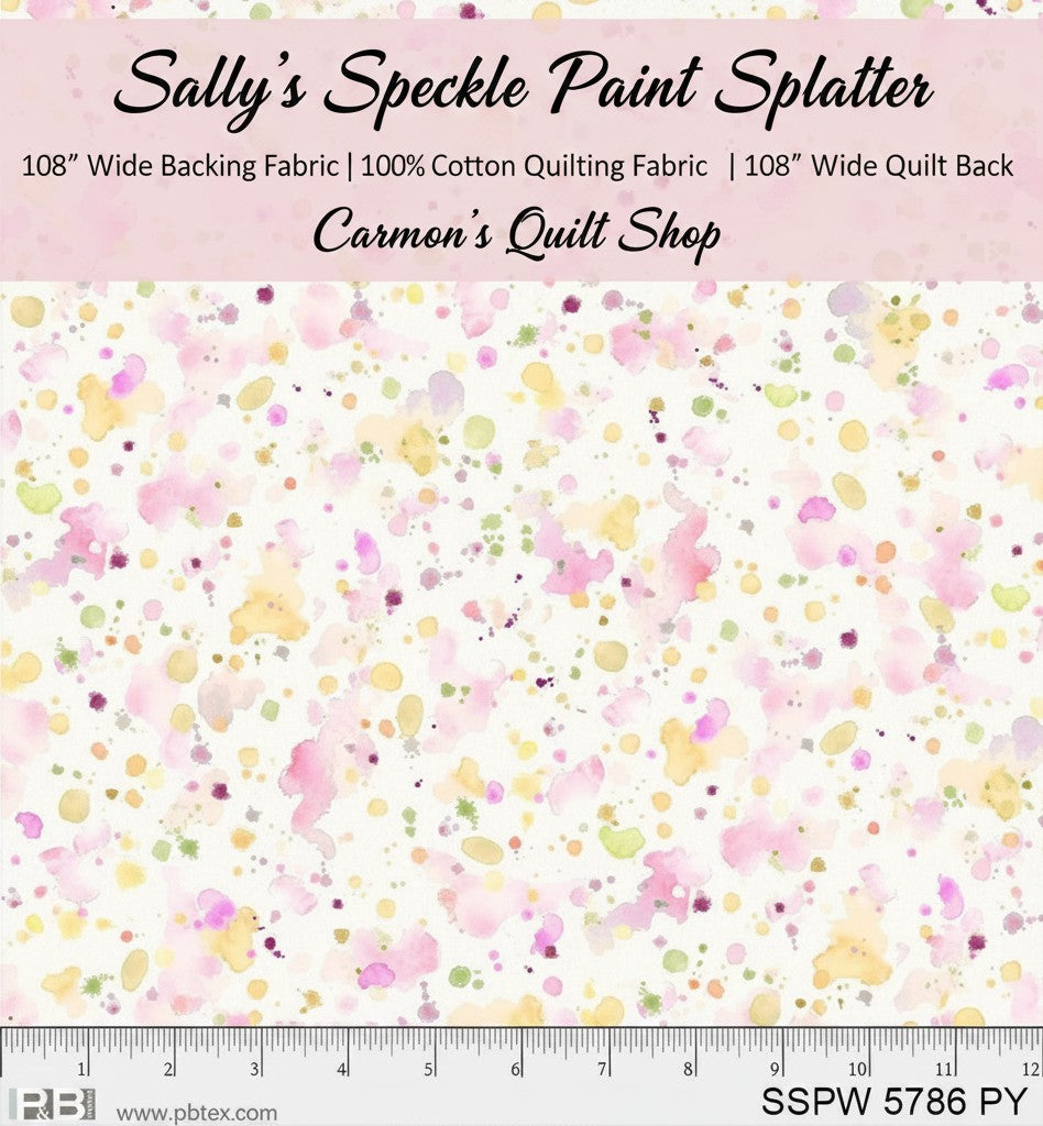Carmon's Quilt Shop 108-inch wide cotton fabric featuring a colorful paint splatter pattern on a white background.