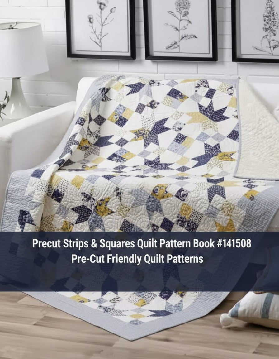 Carmon's Quilt Shop Precut Strips & Squares quilt pattern book featuring a blue, yellow, and white star lap quilt
