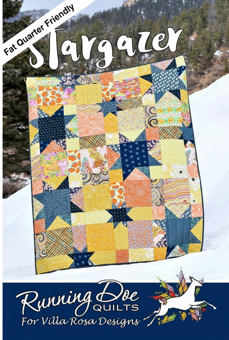 Carmon's Quilt Shop Stargazer quilt pattern featuring a colorful star design made from fat quarters in a snowy setting