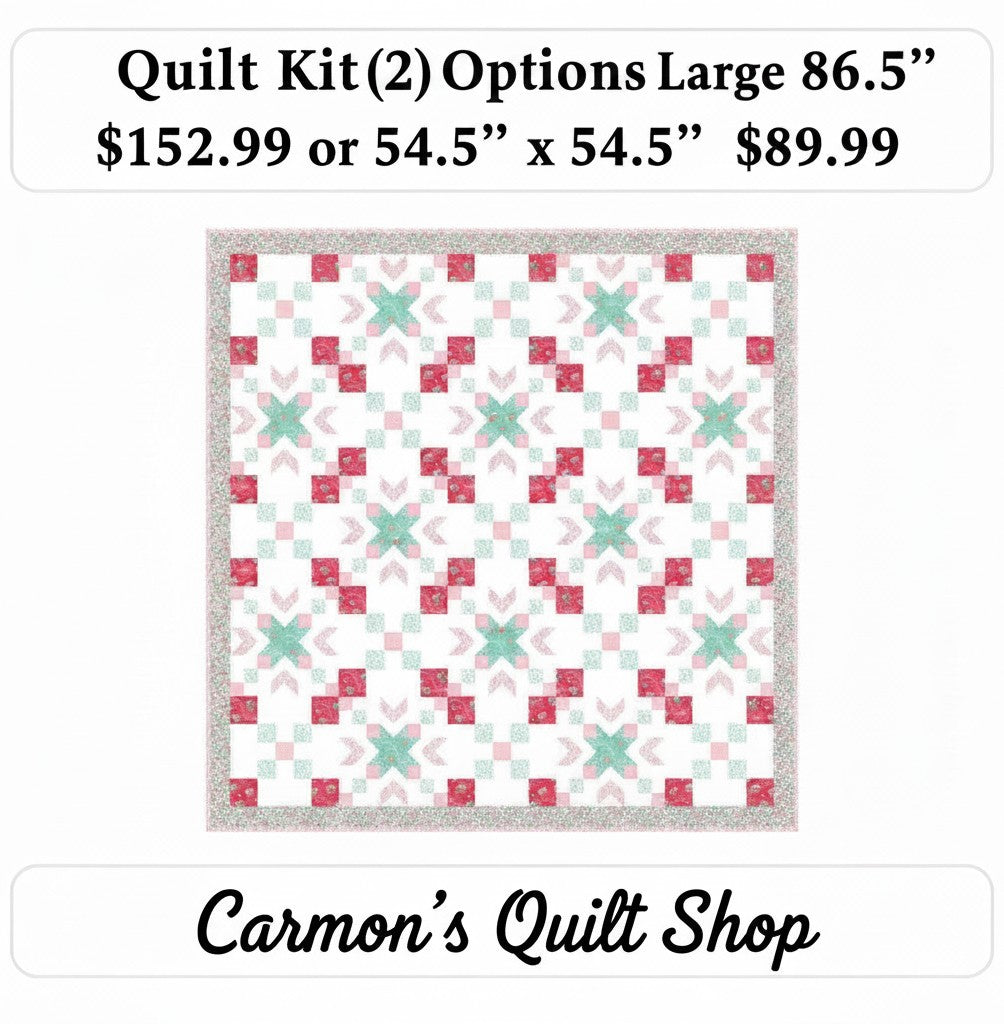 Carmon's Quilt Shop Starry-Eyed quilt kit featuring floral 100% cotton fabric in pink and teal geometric patterns.