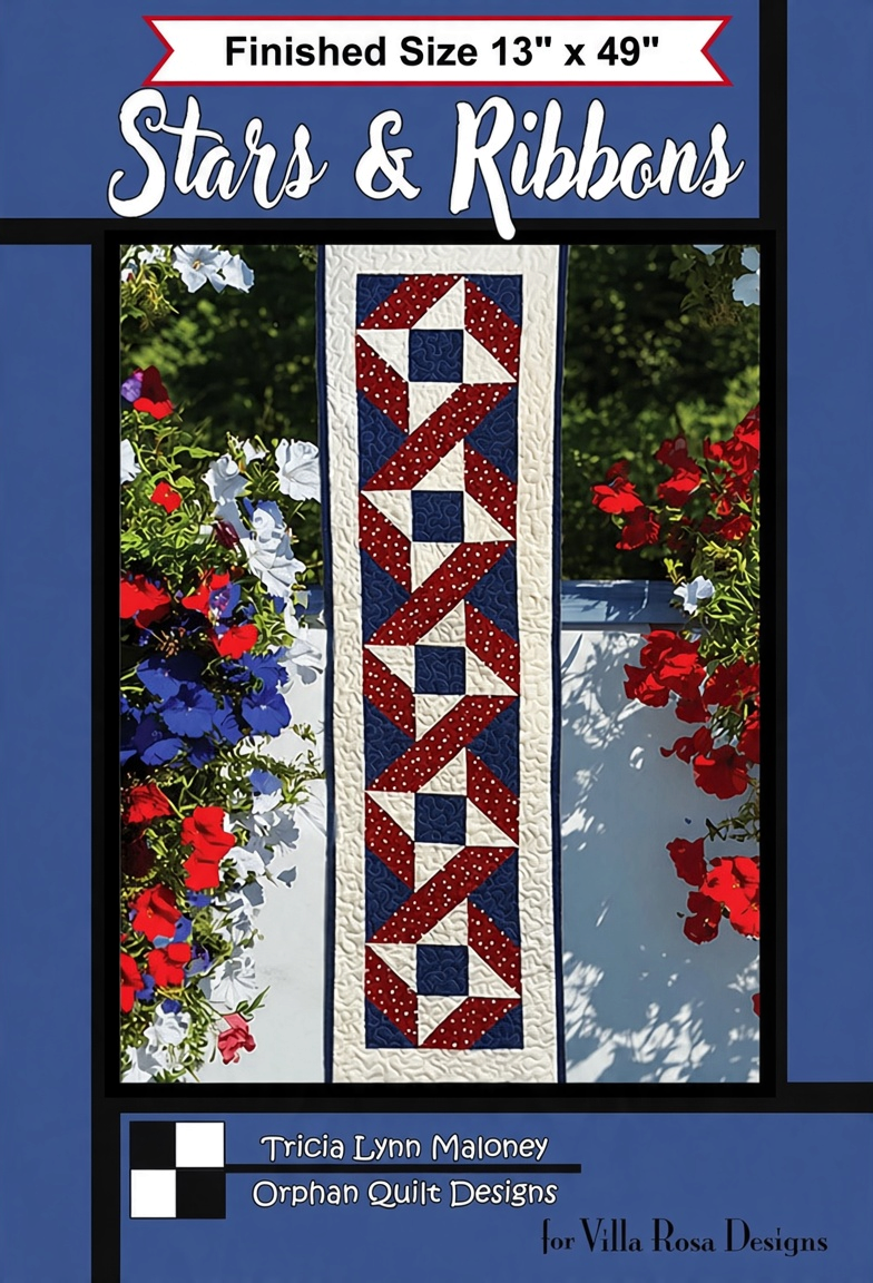 Carmon's Quilt Shop Stars & Ribbons table runner pattern featuring a red, white, and blue star quilt design.