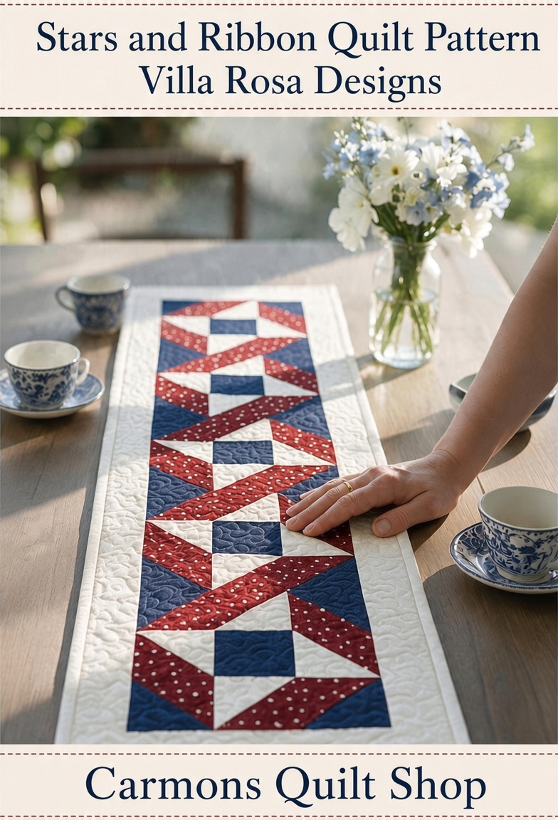 Carmon's Quilt Shop Stars & Ribbons table runner featuring red, white, and blue star blocks on a wooden dining table