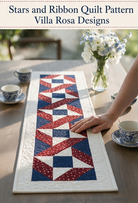 Carmon's Quilt Shop Stars & Ribbons table runner quilt pattern featuring red, white, and blue star block design.