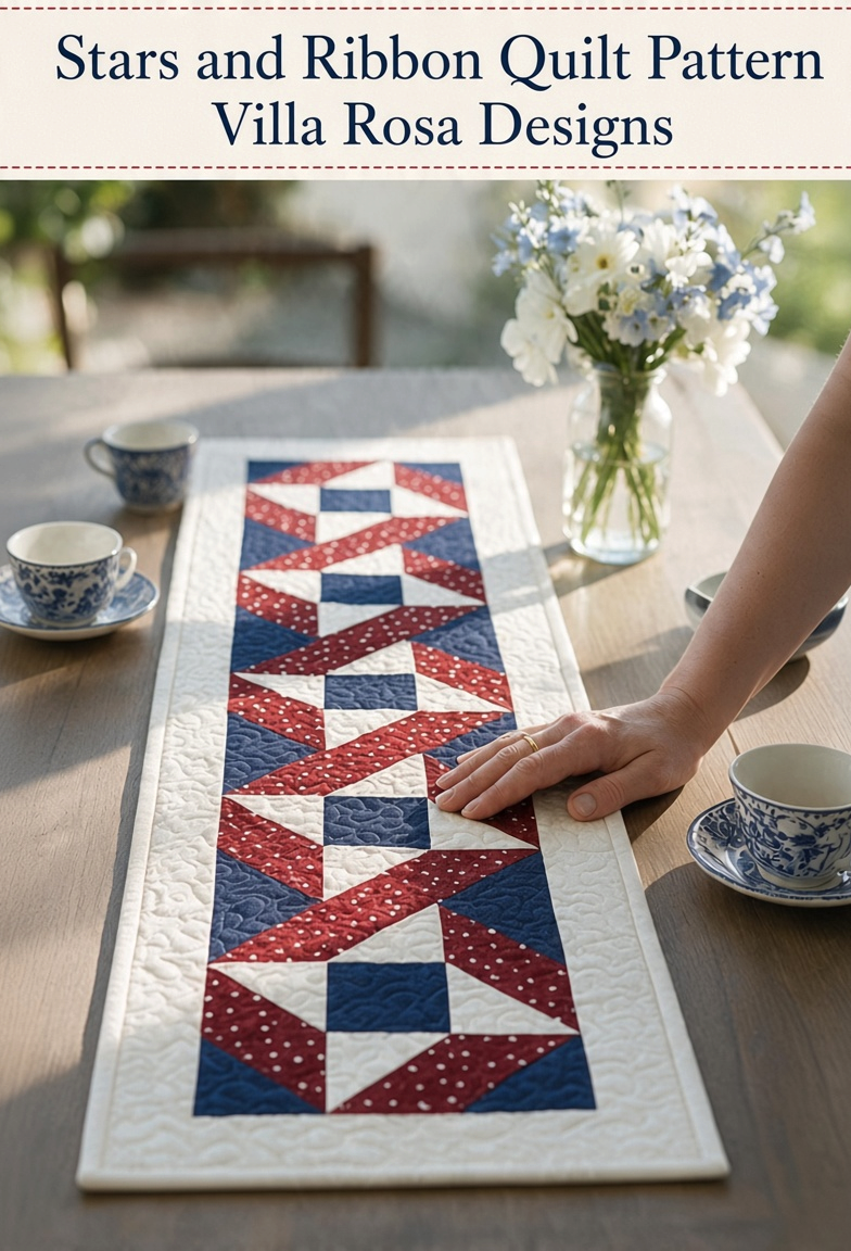 Carmon's Quilt Shop Stars & Ribbons table runner quilt pattern featuring red, white, and blue star block design.