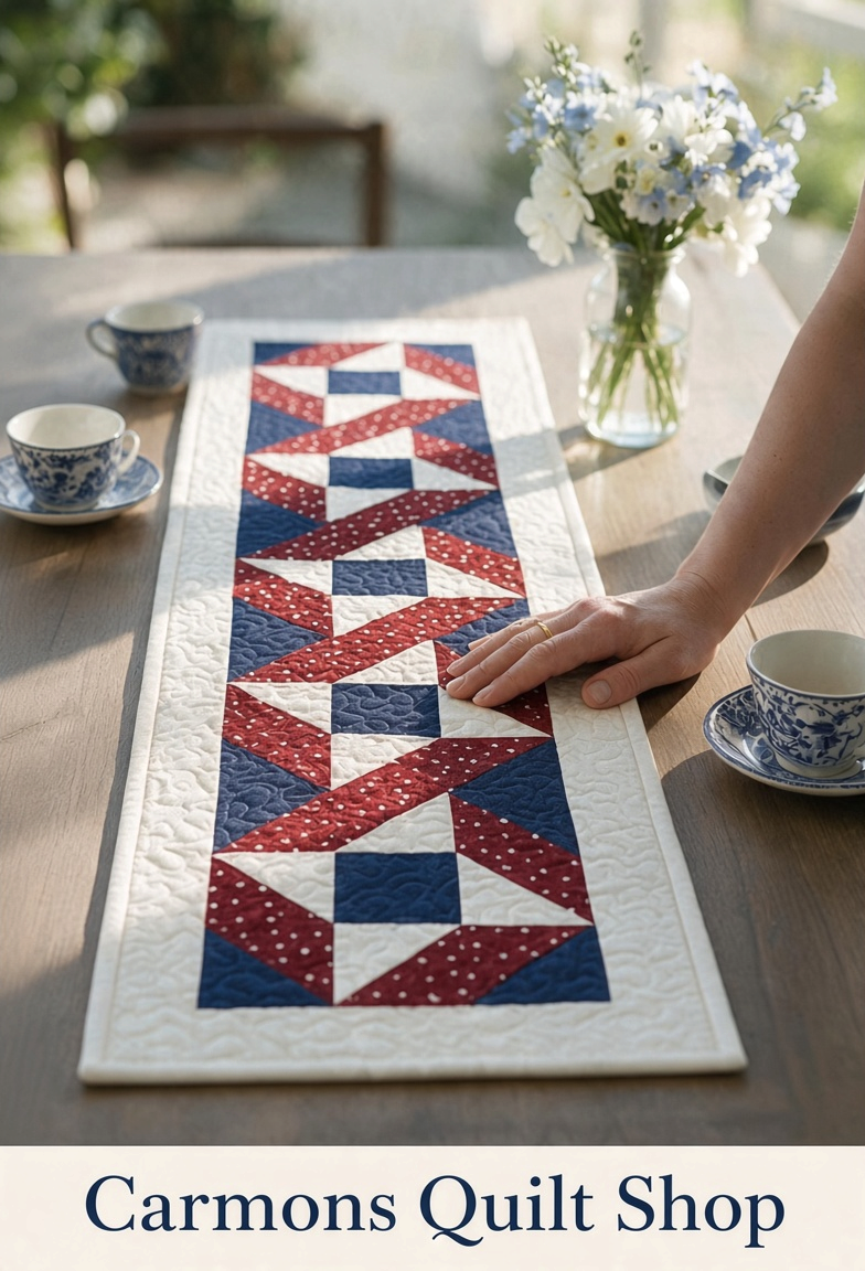 Stars & Ribbons quilted table runner in red, white, and blue by Carmon's Quilt Shop on a wooden dining table