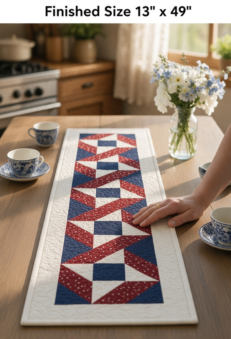 Carmon's Quilt Shop Stars & Ribbons table runner featuring red, white, and blue star blocks on a wooden dining table.