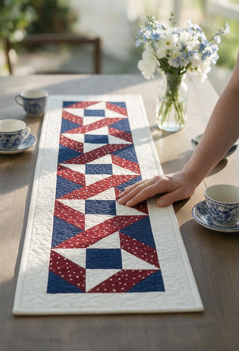 Carmon's Quilt Shop Stars & Ribbons table runner featuring red, white, and blue star blocks on a wooden table.
