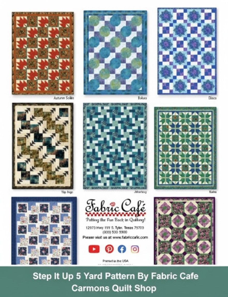 Carmon's Quilt Shop Step It Up With 5-Yard Quilts pattern book featuring eight colorful quilt design examples