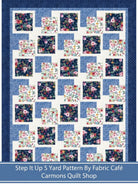 Step It Up With 5-Yard Quilts pattern book project from Carmon's Quilt Shop featuring a floral blue patchwork quilt