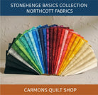 Carmon's Quilt Shop Stonehenge Basics Northcott cotton fabric collection in a vibrant rainbow fan display
