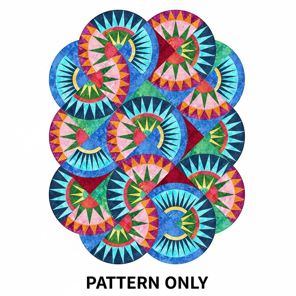 Carmon's Quilt Shop Stonehenge Beauty paper pieced star quilt pattern featuring vibrant circular geometric designs.