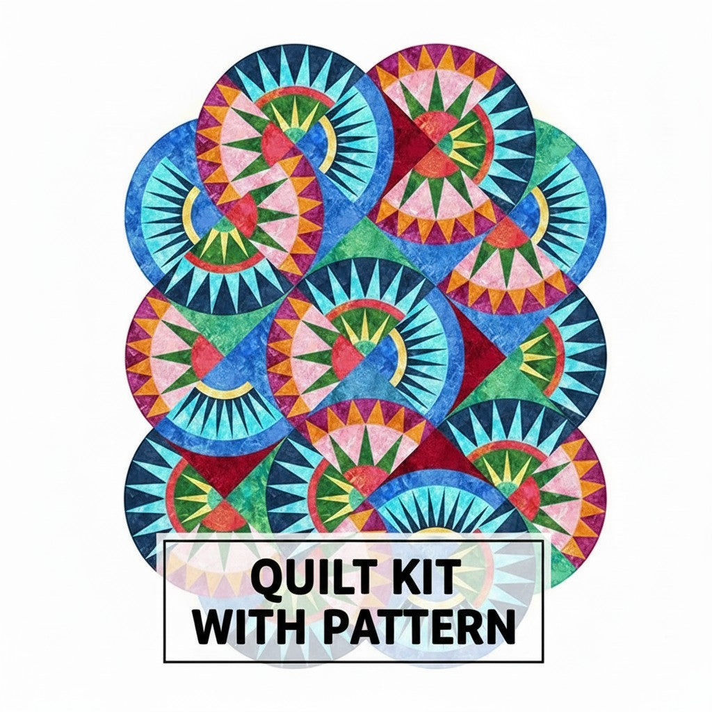 Carmon's Quilt Shop Stonehenge Beauty quilt kit featuring a vibrant paper-pieced star design in multi-colored fabric.