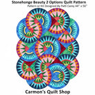 Carmon's Quilt Shop Stonehenge Beauty paper-pieced star wall hanging quilt with vibrant circular geometric patterns.