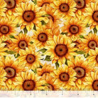 Carmon's Quilt Shop 108-inch wide cotton fabric featuring a packed sunflower pattern on a white background.