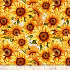 Carmon's Quilt Shop 108 inch wide 100% cotton fabric featuring a packed sunflower pattern on a white background.