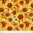 Carmon's Quilt Shop 108 inch wide cotton fabric featuring a dense pattern of golden sunflowers on a white background