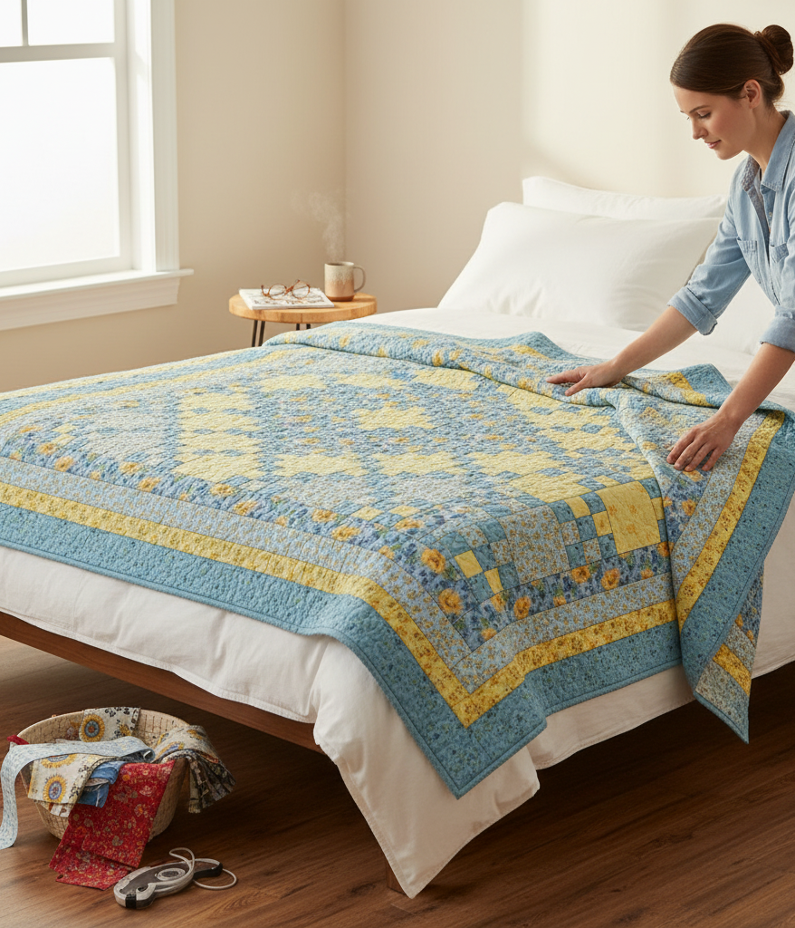 Carmon's Quilt Shop Sunny Skies quilt kit featuring blue and yellow floral fabric on a bed with a woman styling it