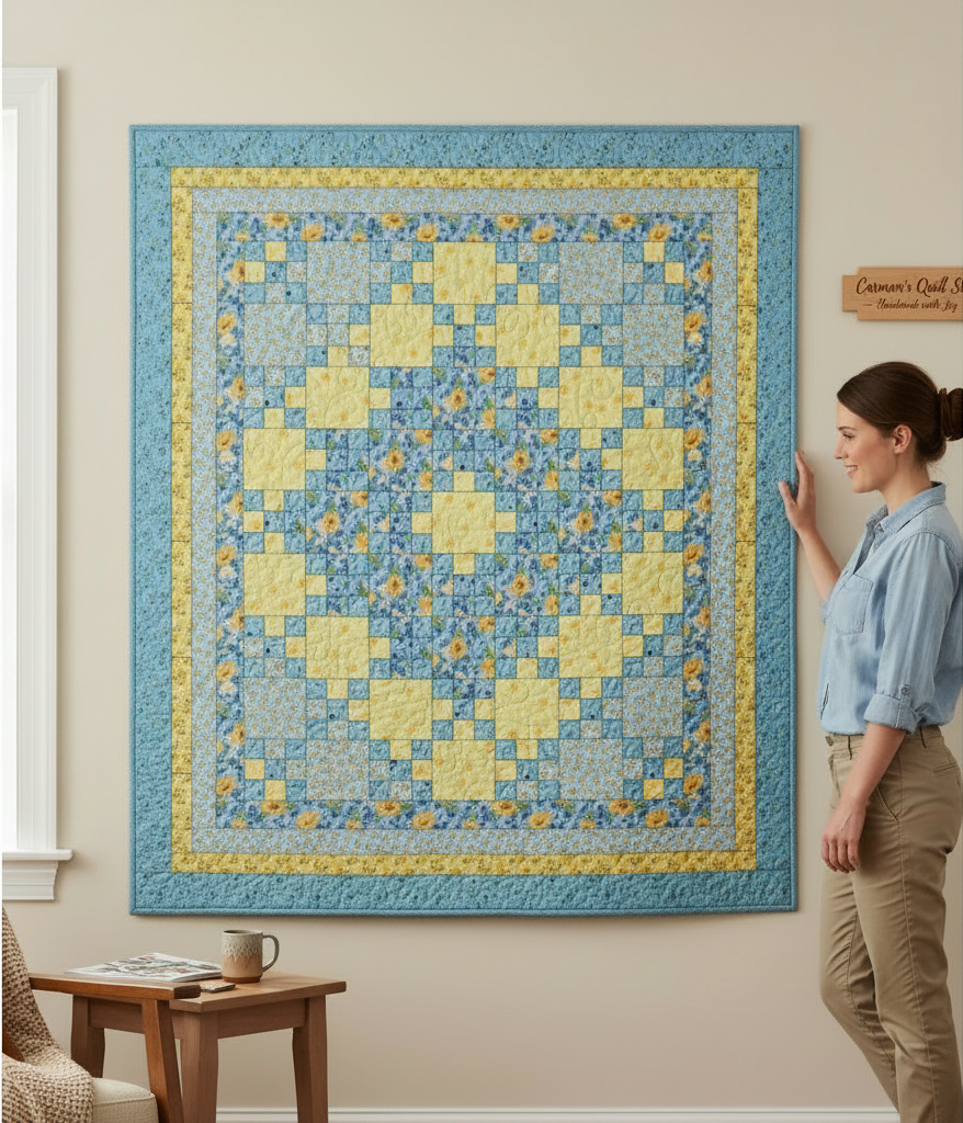 Carmon's Quilt Shop Sunny Skies quilt kit featuring a blue and yellow floral patchwork design hanging on a wall.