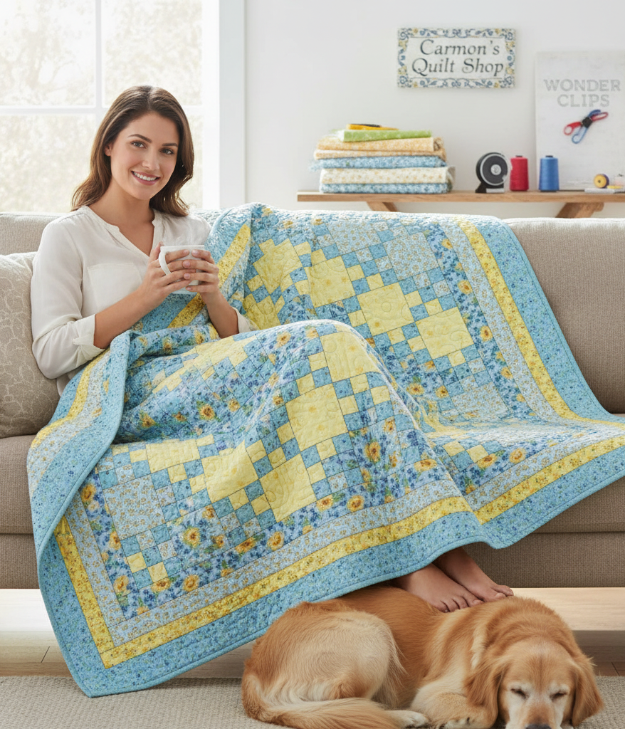 Woman sitting on a sofa with a blue and yellow Sunny Skies quilt kit from Carmon's Quilt Shop and a golden retriever