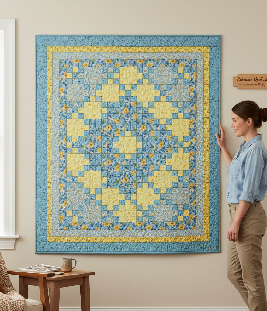 Carmon's Quilt Shop Sunny Skies quilt kit featuring a yellow and blue floral patchwork design hanging on a wall