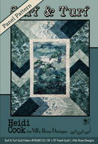 Carmon's Quilt Shop Surf & Turf quilt pattern featuring a sea turtle fabric panel with blue and green chevron borders.
