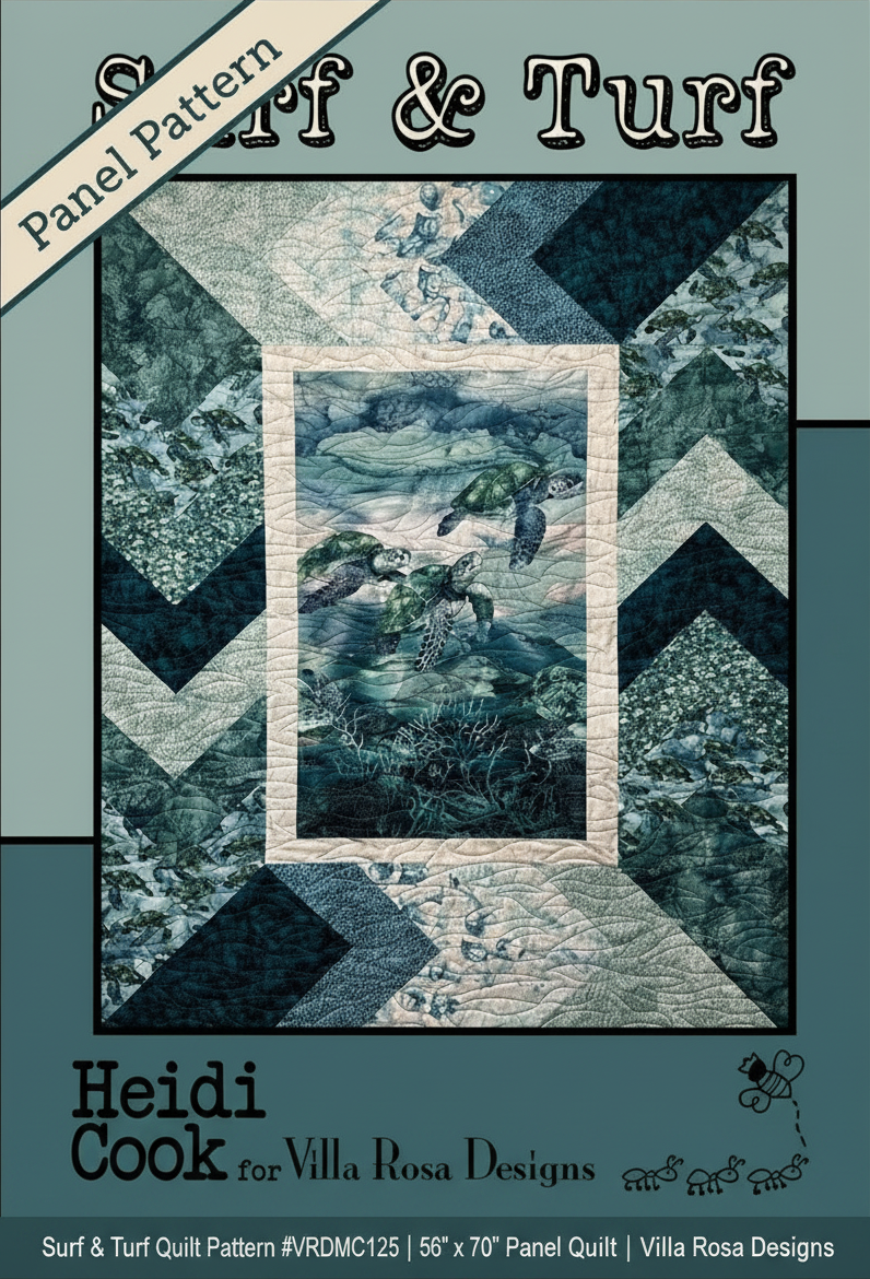 Carmon's Quilt Shop Surf & Turf quilt pattern featuring a sea turtle fabric panel with blue and green chevron borders.