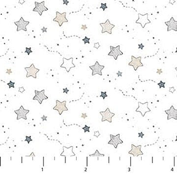 Carmon's Quilt Shop Sweet Dreams baby quilt kit fabric with sketched stars in blue, tan, and grey on white. 100% cotton.