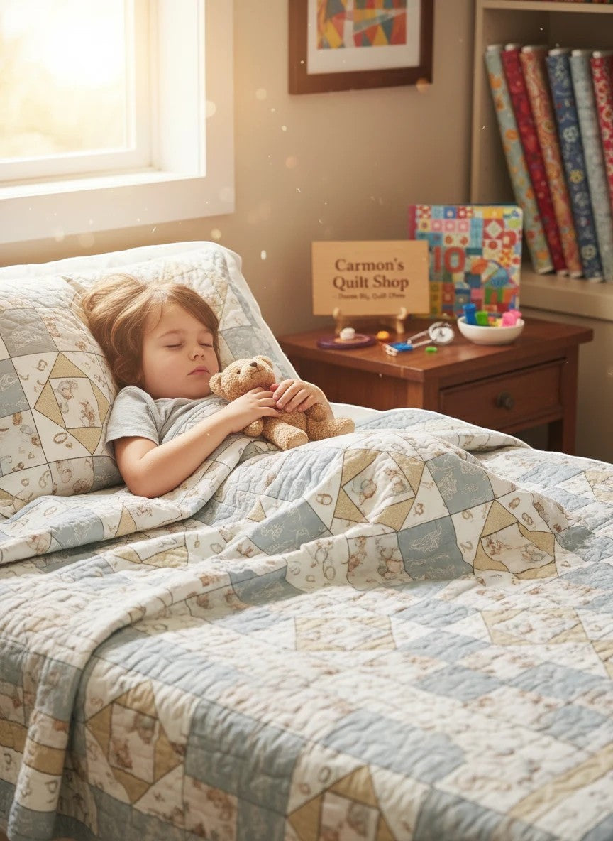 Carmon's Quilt Shop Sweet Dreams baby quilt kit with teddy bears and airplanes in blue and cream 100% cotton.