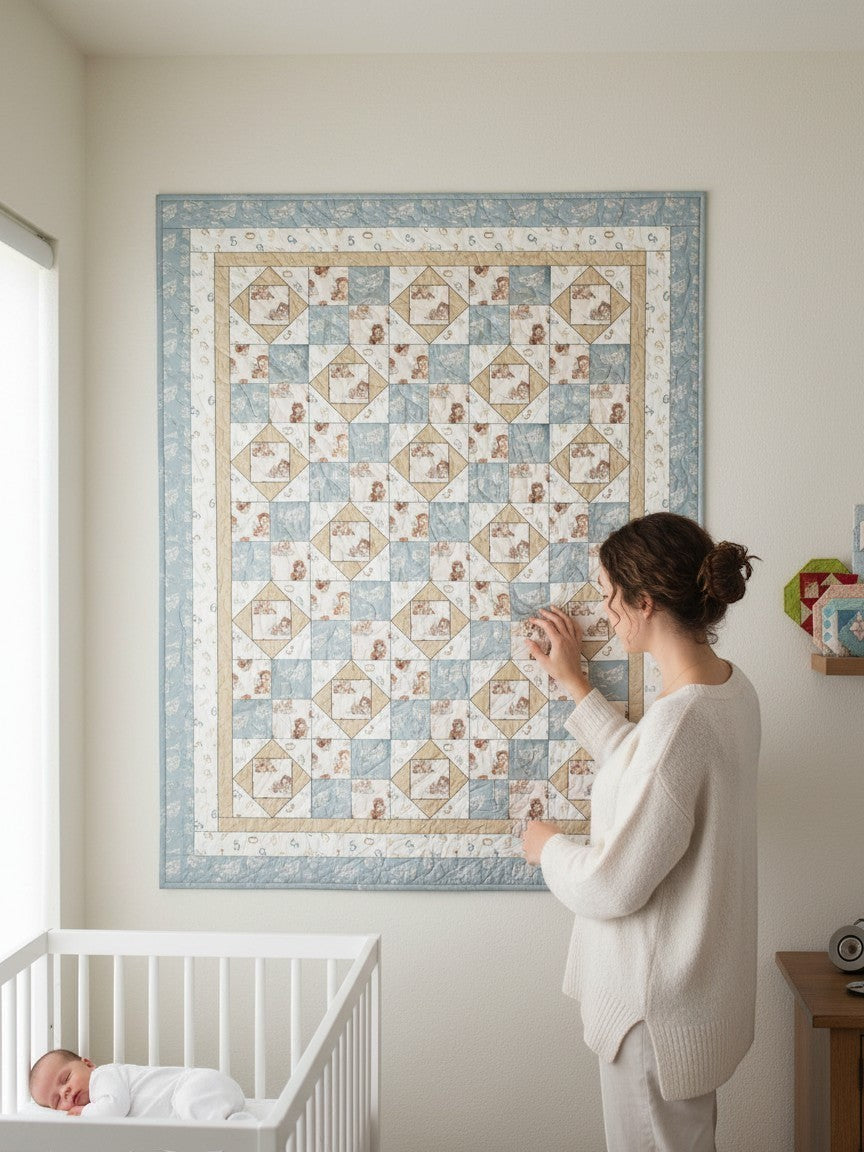 Carmon's Quilt Shop Sweet Dreams baby quilt kit featuring teddy bears and airplanes in blue and cream cotton. 54" x 70".