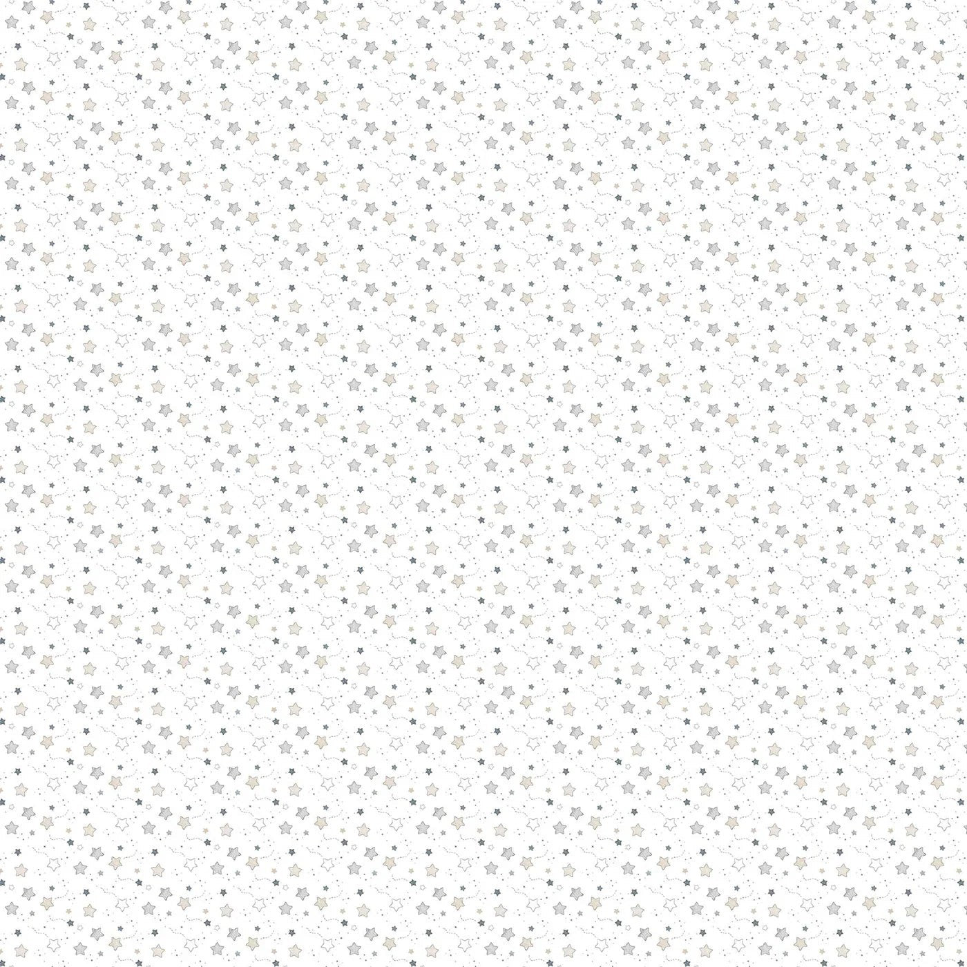 Carmon's Quilt Shop Sweet Dreams Baby Quilt Kit fabric with small scattered stars in blue, grey, and cream on a white background.