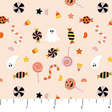 Carmon's Quilt Shop Sweet Treat quilting cotton featuring orange, ghost, and candy motifs on a light background