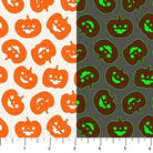 Carmon's Quilt Shop FIGO Fabrics Sweet Treat cotton quilting fabric featuring orange and dark gray pumpkin patterns.
