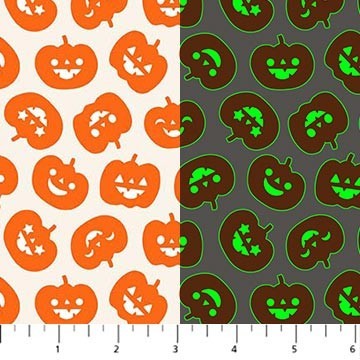 Carmon's Quilt Shop FIGO Fabrics Sweet Treat cotton quilting fabric featuring orange and dark gray pumpkin patterns.