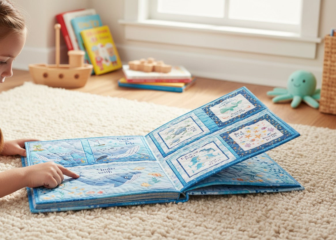 Carmon's Quilt Shop Swim with Me fabric book panel featuring blue underwater illustrations for children's quilts