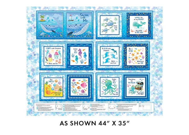 Carmon's Quilt Shop Swim with Me fabric panel featuring colorful underwater book pages for children's quilts